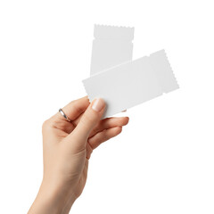 hand holding two blank business cards isolated on transparent background, crisp edges, realistic hand pose
