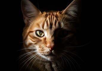 Intense close up portrait of a ginger tabby cat with dramatic lighting and shadow on black