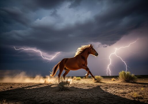 Majestic wild horse galloping fiercely across a dry landscape during a lightning storm - Powered by Adobe