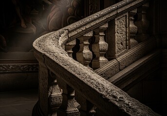 Dramatically lit close up of an ancient stone balustrade railing in a dark historical setting.