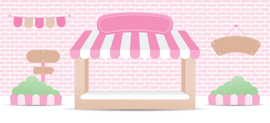 cute kawaii style shop display with awning and signage on white floor and sweet pastel pink brick wall background illustration vector