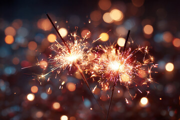 Two sparkling fireworks illuminate the night with a glow of golden light amidst a bokeh background