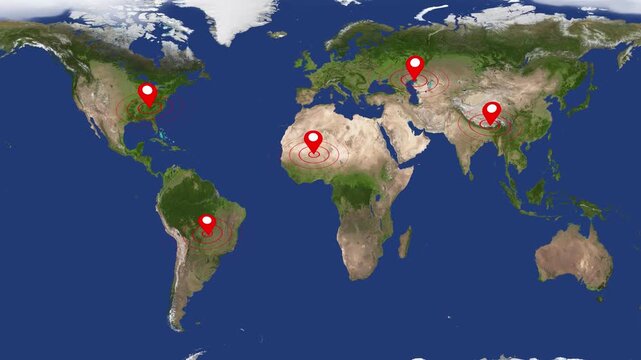 World Map with Red Location Pins and Concentric Circles Indicating Reach or Influence global animated.Animated global map with red pins and concentric circles representing reach or influence across