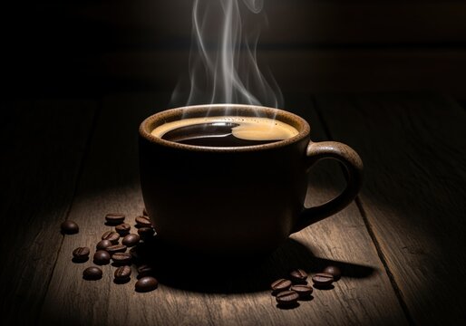 Hot steaming coffee mug with roasted beans on a rustic wooden surface in dramatic low key light