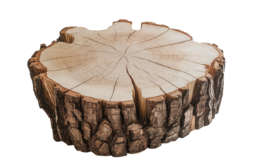 Authentic wood stump slice with textured bark and natural rings for rustic decor and design projects