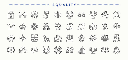 Equality line icon set. It contains symbols to judgment, justice, lawyer, courthouse, crime, court, legal and more. Judgement vector icon set. Line icons with editable stroke. Vector collections.