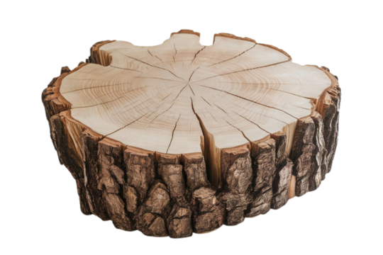 Authentic wood stump slice with textured bark and natural rings for rustic decor and design projects