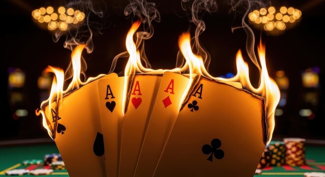 Dramatic depiction of burning ace cards creating a hot and intense feeling of the gambling scene