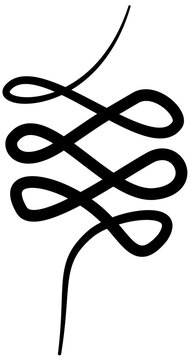An intricate, abstract, stylized design resembling a flowing ribbon or a complex knot, rendered in bold black lines on a white background
