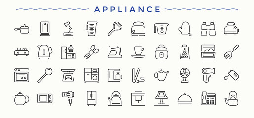 Appliances vector line icon set. Appliance thin ui icons. Minimal icons set. Kitchen icon collection. Editable stroke. Vector illustration.