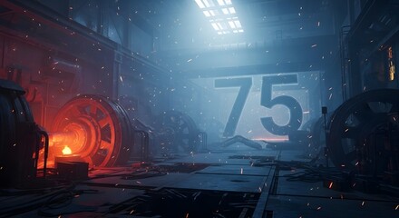 Industrial interior with glowing number 75 symbolizing anniversary celebration