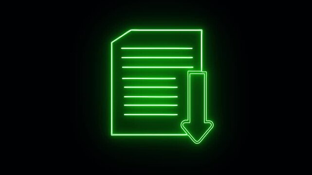 Neon Green Document Icon with Download Arrow on Black Background . Animated neon green document icon featuring download arrow in dynamic digital interface motion.