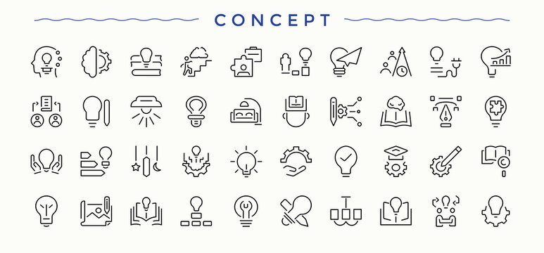 Concept linear icon set. Minimalist linear icons. It contains symbols to creative, brain, plan, innovation, intelligence, ai. Editable vector stroke. Thinking icon collection.