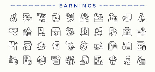 Earnings modern icon set. Web icons pack. Vector illustration in modern line style. Currency vector line icon set. Containing finance, salary, payment, revenue, accounting and more.