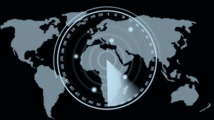 Digital World Map with Central Radar Display Showing Earth and Sector Scan globe technology animated.Digital world map featuring central radar display with Earth and animated sector scanning interface - Powered by Adobe