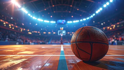 A basketball rests on a polished court, illuminated by stadium lights, with blurred spectators in the background