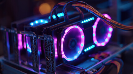 GPU-powered cryptocurrency mining rig glowing with LED lights while processing blockchain data streams.