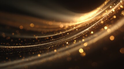 Golden glittering particles flowing on abstract dark background