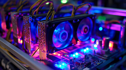 GPU-powered cryptocurrency mining rig glowing with LED lights while processing blockchain data streams.