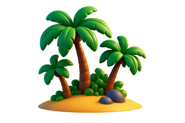 Naklejka premium Cartoon palm trees and bushes on a sandy island with rocks, isolated bright style on white background, tropical vacation concept. Ai generative