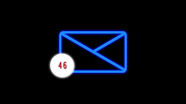 Blue Neon Envelope Icon with animated White Notification Dot on Black Background email message. Animated white notification dot forming interactive email and message visuals.