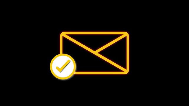 Yellow Neon Envelope Icon with animated White Check Mark in Circle on Black Background email mail. Animated yellow neon mail icon with white check mark inside circle forming dynamic email visuals.