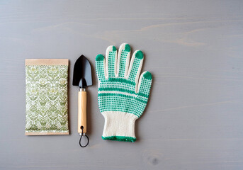 Planting season essentials — gardening tools flat lay, seed packet, trowel, glove on wooden background