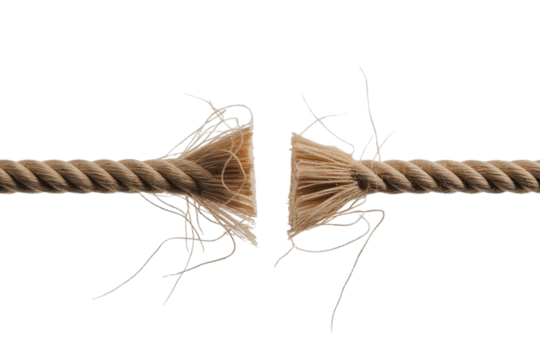 Stressed frayed rope depicting challenges, limits, pressure or failure, strength and resilience concept