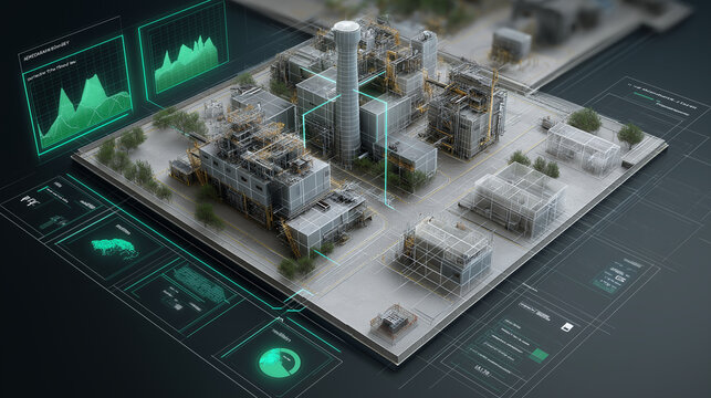 Holographic 3D digital twin model of an industrial factory showing real-time performance metrics.
