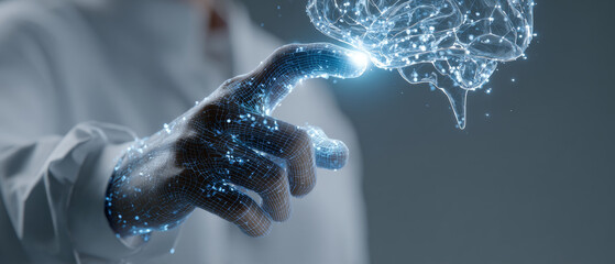 Human hand touching digital brain hologram with glowing neural connection, futuristic medical
