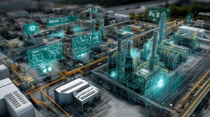 Holographic 3D digital twin model of an industrial factory showing real-time performance metrics.