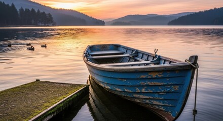 Serene lake scenery with an old wooden boat tied to a dock during golden hour