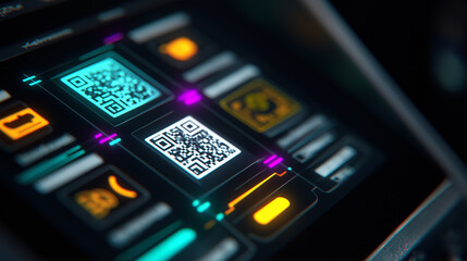 Holographic touchscreen payment terminal displaying QR codes, NFC icons, and glowing digital transaction lines.