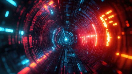 Futuristic digital data tunnel transporting glowing neon lights