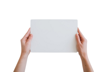 Woman's hands holding blank white card or sign to customize for your message and easy design element