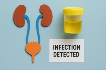 Paper cutout urinary system with kidney and bladder, and concerning urine sample test. medical diagnosis note showing infection detected for healthcare and awareness concept