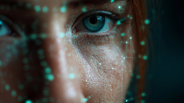 Human face scanned by a holographic grid with glowing biometric detection points and digital identity markers.