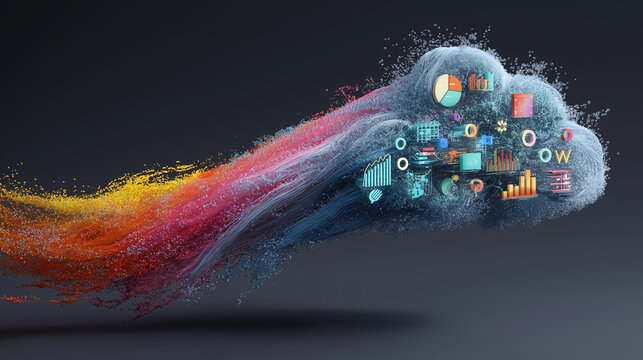 Massive colorful data streams flowing into a 3D holographic cloud surrounded by analytics icons.