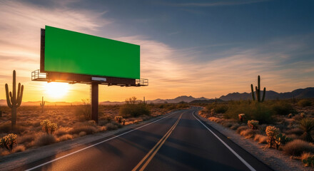 Large Green Screen Billboard Standing Alone Beside a Long Desert Highway at Golden Sunset, Ready for Your Custom Ad Placement