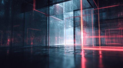 Fototapeta premium Futuristic dark room with glowing red neon frames