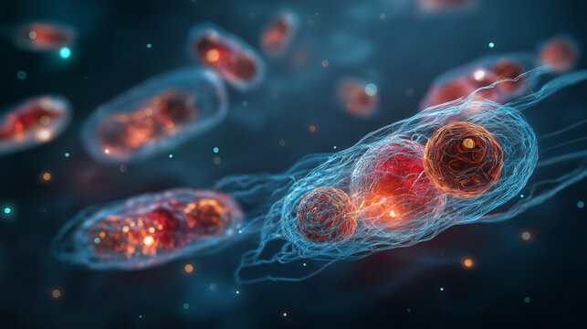 Microscopic nanorobots traveling inside a glowing digital bloodstream repairing damaged cells.