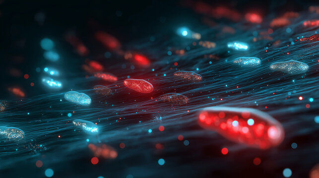 Microscopic nanorobots traveling inside a glowing digital bloodstream repairing damaged cells.