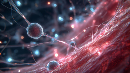 Microscopic nanorobots traveling inside a glowing digital bloodstream repairing damaged cells.