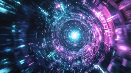 Abstract neon glowing futuristic tunnel traveling at high speed