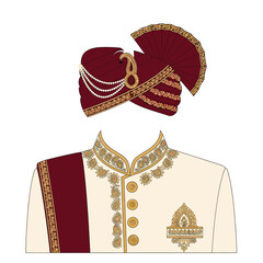 Elegant indian groom attire isolated on, featuring a maroon and gold sherwani with intricate embroidery and a matching turban for a traditional wedding look