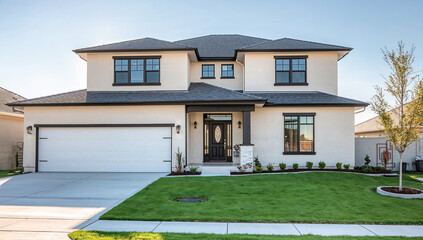 Modern two-story home with a manicured lawn and a welcoming front entrance