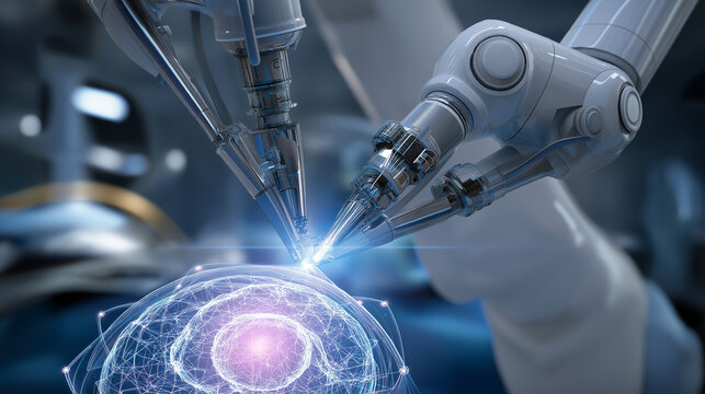Robotic surgical arm performing precision operations with AI imaging and holographic guidance overlays.