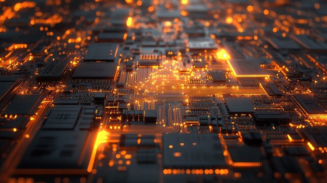 Digital circuit board with glowing orange data flow