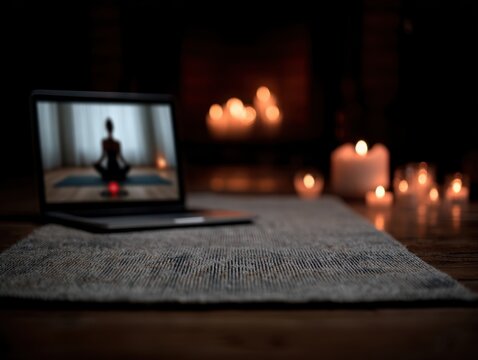A close-up of a laptop screen showing an online yoga instructor guiding a student through a pose on a yoga mat.