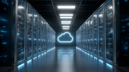 Rows of futuristic servers emitting blue data streams with a floating holographic cloud icon inside a modern data center.